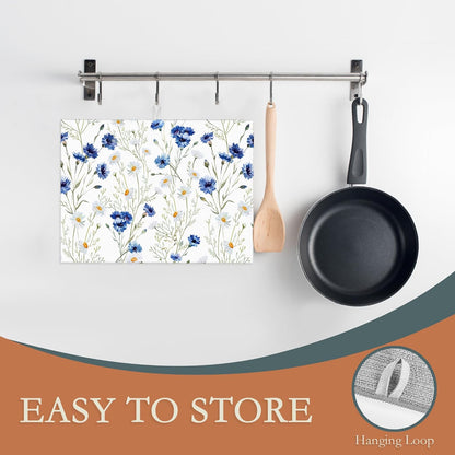Wildflowers Dish Drying Mat,Watercolor Poppy Cornflower Drying Rack Pad Countertop Dishes Ultra Absorbent Microfiber Kitchen Counter Mat for Coffee Countertop Decor 18x24 Inch