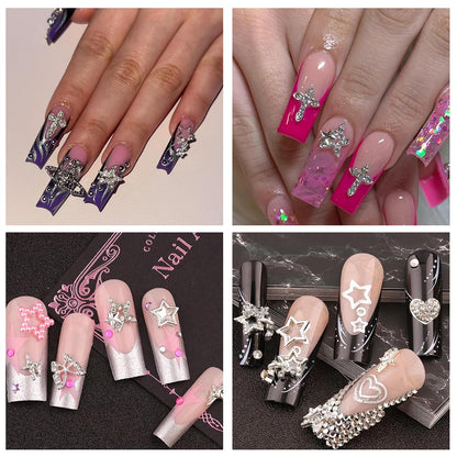 120+ Pcs Star Nail Charms Inlaid Rhinestones Gems, Silver Star Planet Cross Nail Art Decorations Shiny Jewelry for Acrylic Nail Accessories for Women Girl Manicure DlY Crafts Supplies