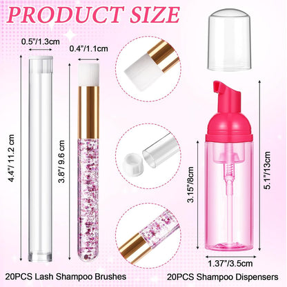 Zhehao 80 Pcs Lash Shampoo Bottle Brushes Kit 20 Foam Pump Dispensers 20 Lash Shampoo Brushes 20 Eyelash Aftercare Bag 20 Cleaning Pipes, Eyelash Extension Supplies(Rose Red)