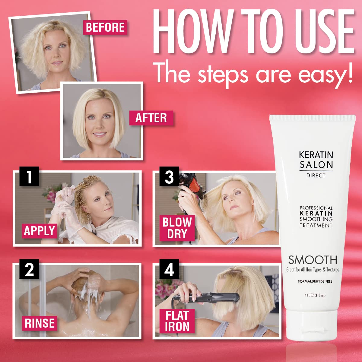 Keratin Hair Treatment, 4 oz | Frizz Control, Formaldehyde Free, Salon Quality, Smoothing Treatment, Long Lasting, Cream for All, Frizzy, Curly, Dry, Damaged Hair