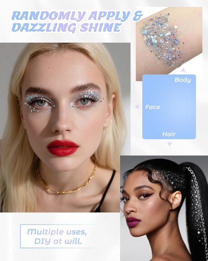 6PCS Silver Face Body Glitter Gel，Holographic Chunky Sequins Body Glitter Paint for Party Singer Concerts Music Festival Rave Accessories for Girls Women Face Body DIY Sparkling Makeup