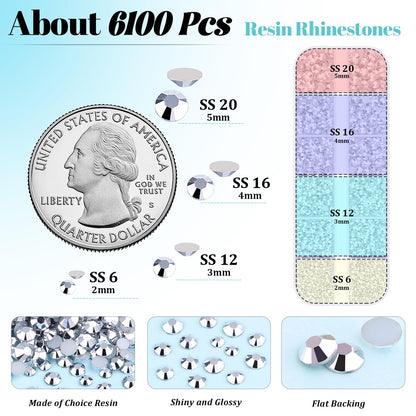 6100Pcs Resin Rhinestones for Crafting with 2Pcs 10ml B7000 Jewelry Glue, 1 Box Flatback Crystals Diamond (Silver) for Bedazzling Crafts DIY Nail Art Non Hotfix Gems for Clothing Shoes