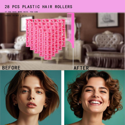 28PCS Self Grip Small Hair Rollers Set, 0.6in Plastic No Heat Roller Hair Curlers with Comb Heatless Clips for Short Fine Thin Hair(Pink)