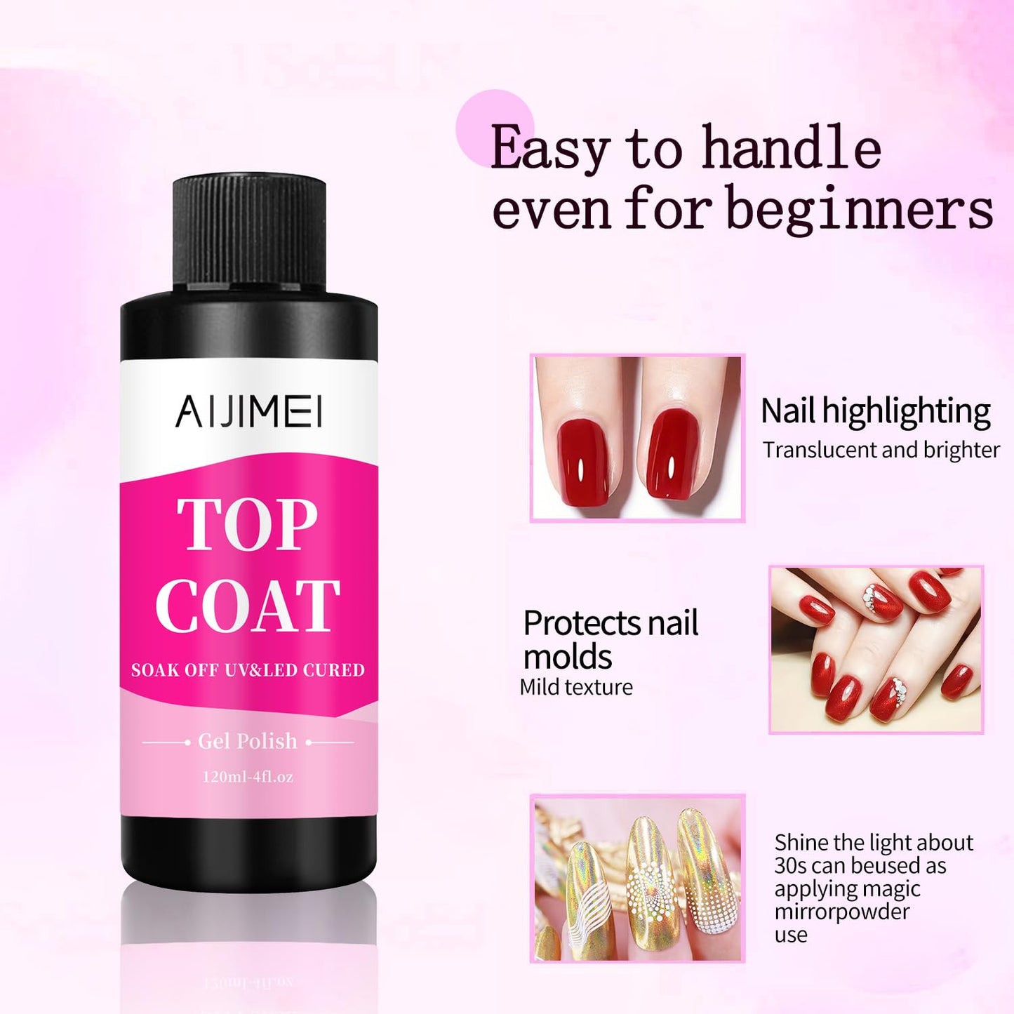 AIJIMEI 120ml Top Coat Nail Polish Premium Gel Top Coat 4 Fl Oz Long Lasting,Top Coat for Gel Nail Polish – Nail Art Topcoat for Salon-Grade Nails at Home