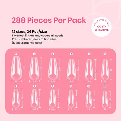 Beetles Gel Nail Tips Long Coffin Pre-Etched Nail Tips, 12 Sizes 288Pcs Pre Shaped Soft Gel Clear Nail Full Cover False Nail Tips Acrylic Glue on Nails Extension Fake Nails Manicure Gifts for Women