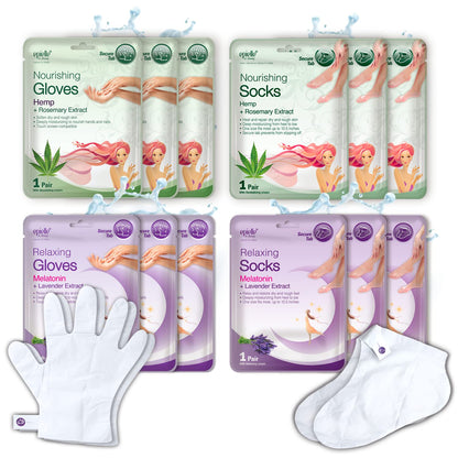Epielle Relaxing & Nourishing Hand & Foot Masks 12 Pairs, Repair and Relax Dry Hands & Cracked Heels with Lavender Extract & Hemp, Korean Skin Care, Spa Self Care Gifts for Women, 6 Gloves & 6 Socks