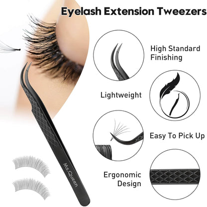 Ms.Queen Eyelash Tweezers For Extensions, Precision Diamond Grip Curved Lash Tweezers Fiber Tip,Black