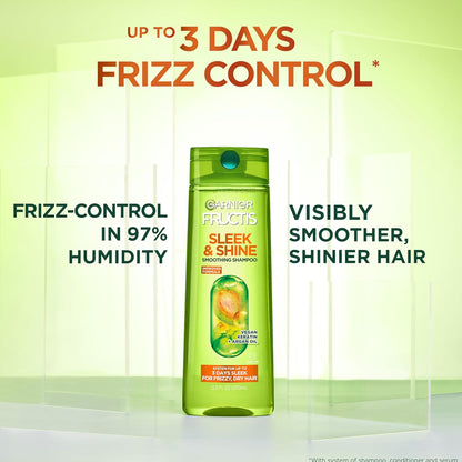 Garnier Fructis Sleek & Shine Full + Travel Size Shampoo (12.5 & 3 Fl Oz) + Conditioner (12 & 3 Fl Oz) Set for Frizzy, Dry Hair, Plant Keratin + Argan Oil (4 Items), 1 Kit (Packaging May Vary)