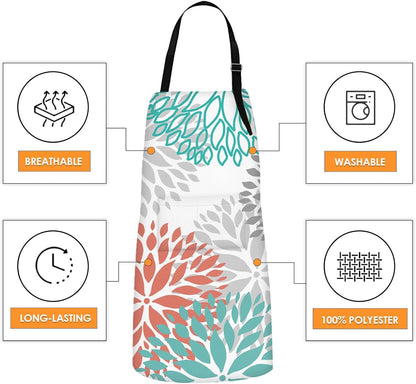 Britimes 2 Pack Aprons, Dahlia Flower Geometric Plaid Adjustable Bib Aprons with 2 Pockets for Women Men Couple Lovers Chef Home Kitchen Cooking Baking Gardening Coral Teal Chevron Apron 32x28 Inches