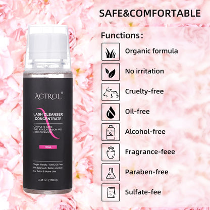 Eyelash Cleanser Concentrate 100ml Rose Professional Lash Shampoo Foaming Cleanser Paraben & Sulfate Free Non-lrritating Wash for Extensions Lashes with Salon Home Care-Makes 20 Bottles