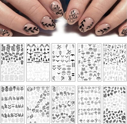 10 Sheets Black White Leaves Flower Nail Art Stickers 3D Self-Adhesive Retro Floral Vine Pattern Nail Decals Tropical Plants Mandala Leaf Geometry Transfer Decals Nail Art Decorations for Women Girls