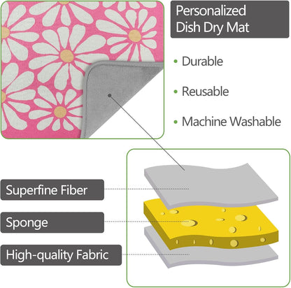 SHIYUE Dish Drying Mat for Kitchen Counter Super Absorbent Spring Kitchen Decor Microfiber Drying Matainers Rack Fast Pad Dish Drainer Mats(Pink Flower,16''x18'')