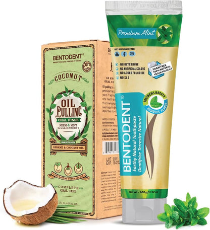 Bentodent Fluoride Free Mineral Toothpaste with Natural bentonite Clay, 100 g and Organic Coconut Sesame Oil Pulling with neem, 177ml for Fresh Breath and Teeth whitening, Vegan