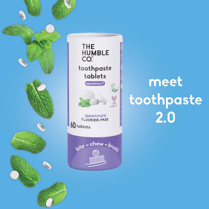 The Humble Co. Sensitive Toothpaste Tablets – Fluoride Free Toothpaste Tablets for Sensitive Teeth and Gums, Dentist Developed Formula, Vegan, SLS Free, Plastic Free (Spearmint, 2 PK)