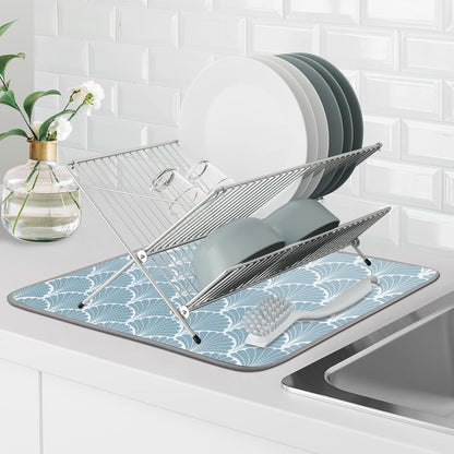 SHIYUE Dish Drying Mat for Kitchen Counter Super Absorbent Spring Kitchen Decor Microfiber Drying Matainers Rack Fast Pad Dish Drainer Mats(Aqua Blue Shell Geometric,16''x18'')