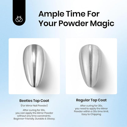 Beetles Chrome Top Coat Gel Nail Polish and Decoration Sealing Gel, 7.5ml*2PCS Chrome Nail Powder Shine Finish and Long Lasting, Soak Off LED U v Lamp Nail Art Design Diy at Home