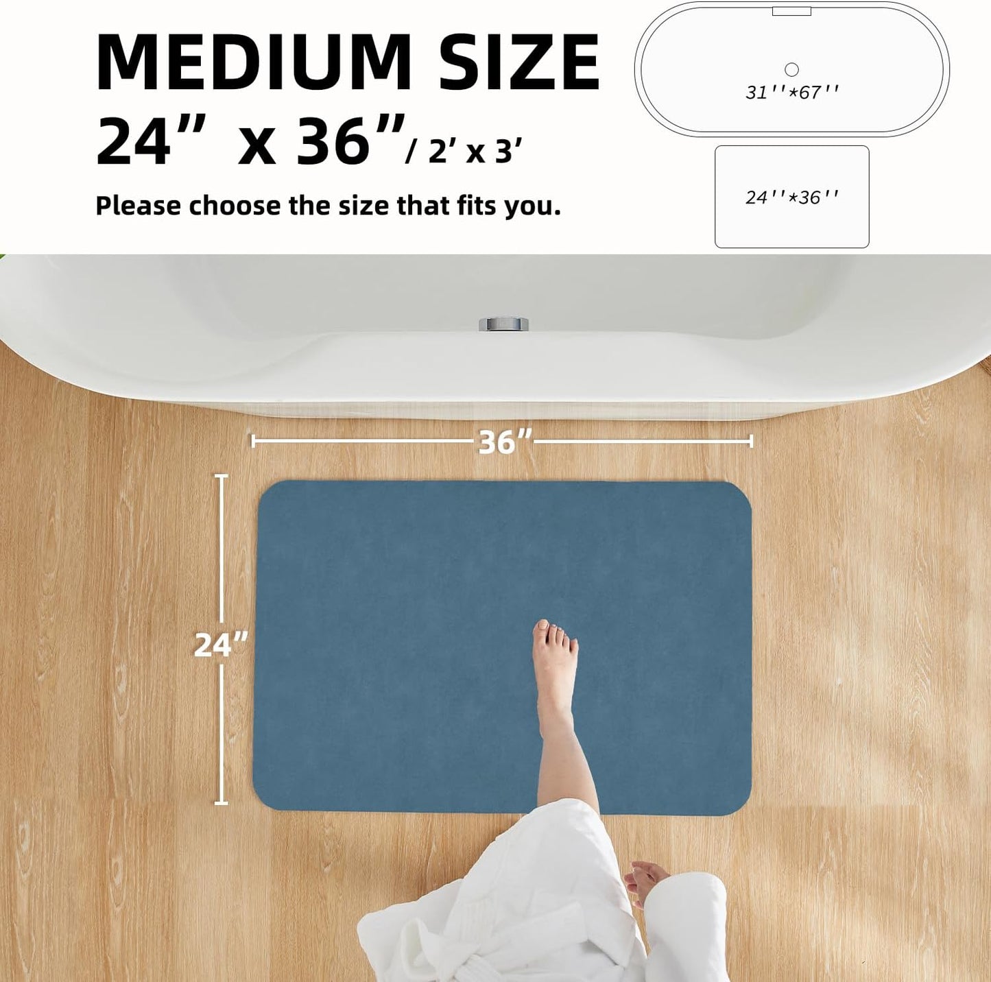 Bathroom Mat Quick Dry, Bathroom Rugs Non Slip Washable Thin Absorbent Bath Mat Fits Under Door Bathroom Floor Mat Perfect for Bath, Shower, or Sink 24"x36" Denim Blue