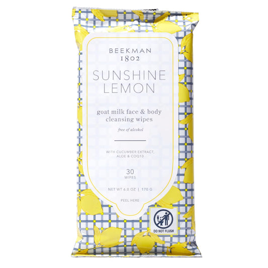 Beekman 1802 Face & Body Wipes, Sunshine Lemon Scented, 30 Count - Cleanses Dirt & Makeup, With Goat Milk, Aloe & Vitamin E - Alcohol Free, Biodegradable, Good for Sensitive Skin
