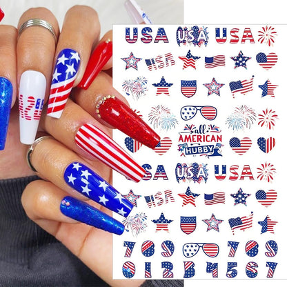 6 Sheets 4th of July Nail Stickers for Nail Art Independence Day Nail Decals 3D Self-Adhesive USA Flag Fireworks Letters Numbers Star Sticker Nail Designs Fourth of July Nails Decoration DIY for Women