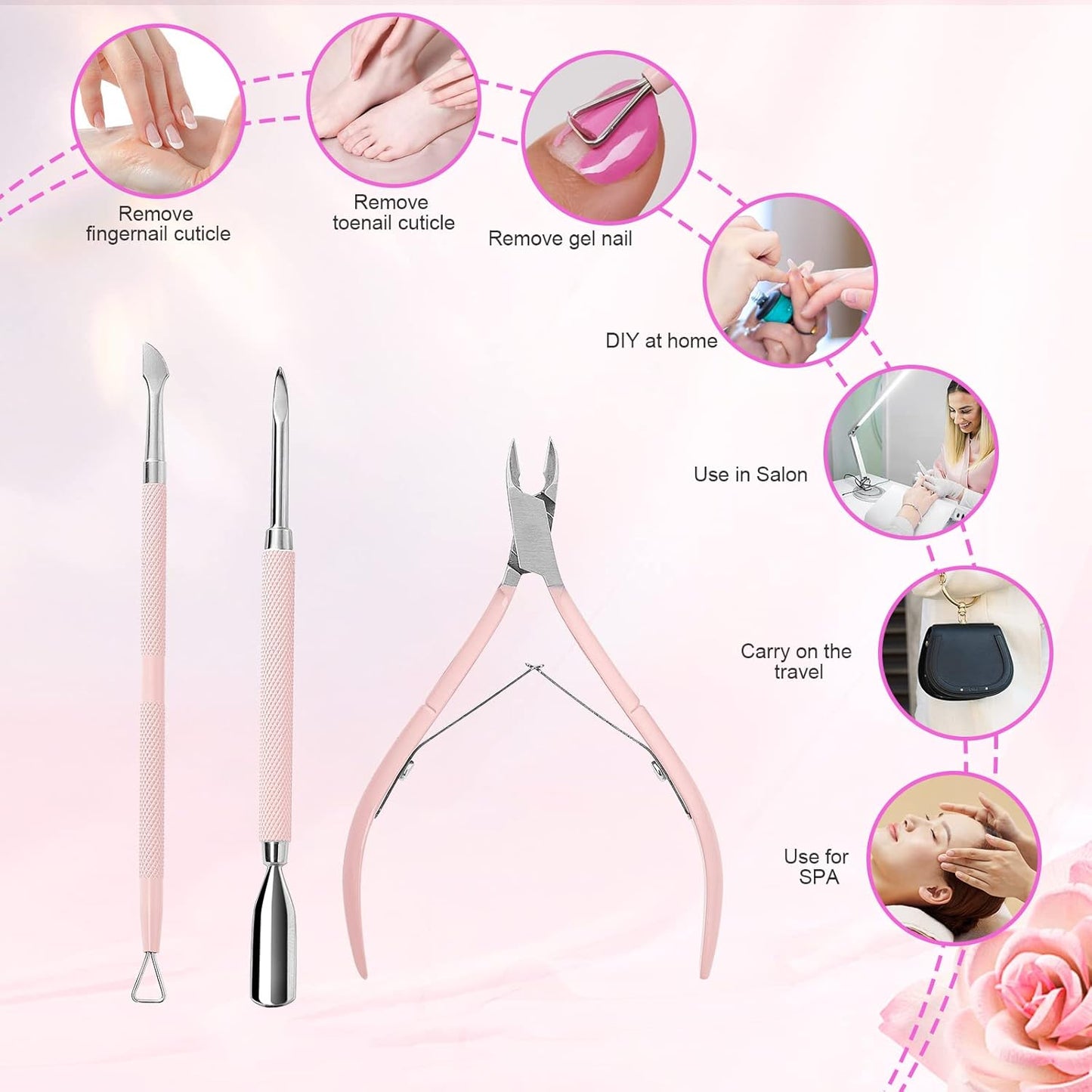 Makartt Cuticle Trimmer with Cuticle Pusher, 3 PCS Pink Nail Cuticle Nipper Professional Pedicure Manicure Tools with Stainless Steel Dual End Pusher, Nail Scraper
