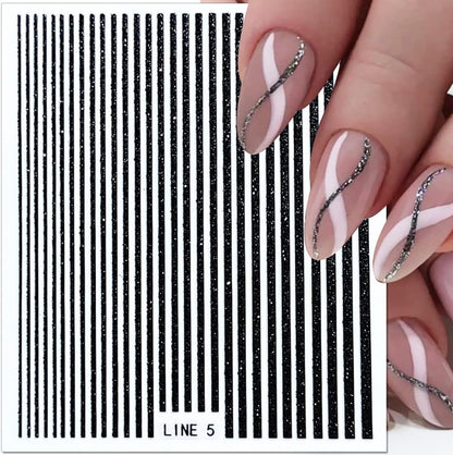 3D Glitter Lines Nail Stickers Holographic Nail Art Stickers Metal Stripe Nail Decals Self Adhesive Geometric Strip Line Nails Stickers Women DIY Nail Supplies,6 Colors/Set