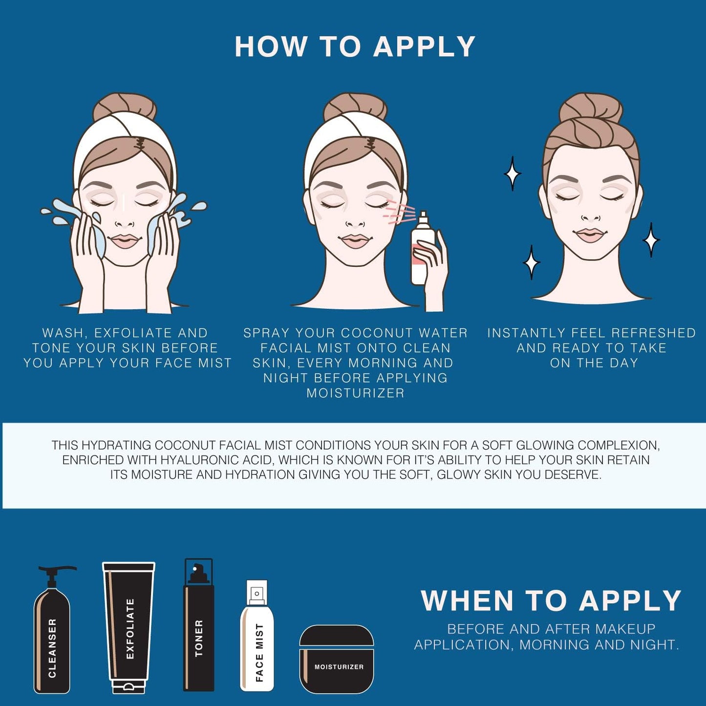 | Face & Body Mist Spray - Hydrating Coconut Water With Moisturizing Hyaluronic Acid | Instant Cooling, Conditoning, Hydrating | 8 FL OZ