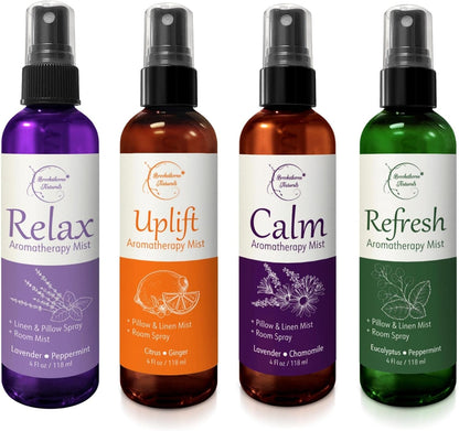 Aromatherapy Mist – Linen, Room & Pillow Spray, Set of 4 Natural Air Fresheners. Essential Oil Spray Variety Pack with Lavender, Chamomile, Eucalyptus, Peppermint & Citrus - Brookethorne Naturals