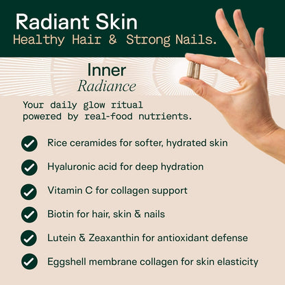 Adapt Naturals Inner Radiance Hair Skin and Nails Vitamins for Women and Men with Biotin, Collagen, Hyaluronic Acid, Vitamin C & Ceramides - Thicker Hair, Stronger Nails & Hydrated Skin Supplement