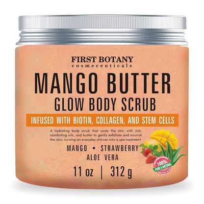 Mango Butter Body Scrub Exfoliator Biotin, Collagen, Stem Cells - Natural Exfoliating Salt Scrub & Body and Face Souffle helps with Moisturizing Skin, Acne, Cellulite, Dead Skin Scars, Wrinkles- 11 oz