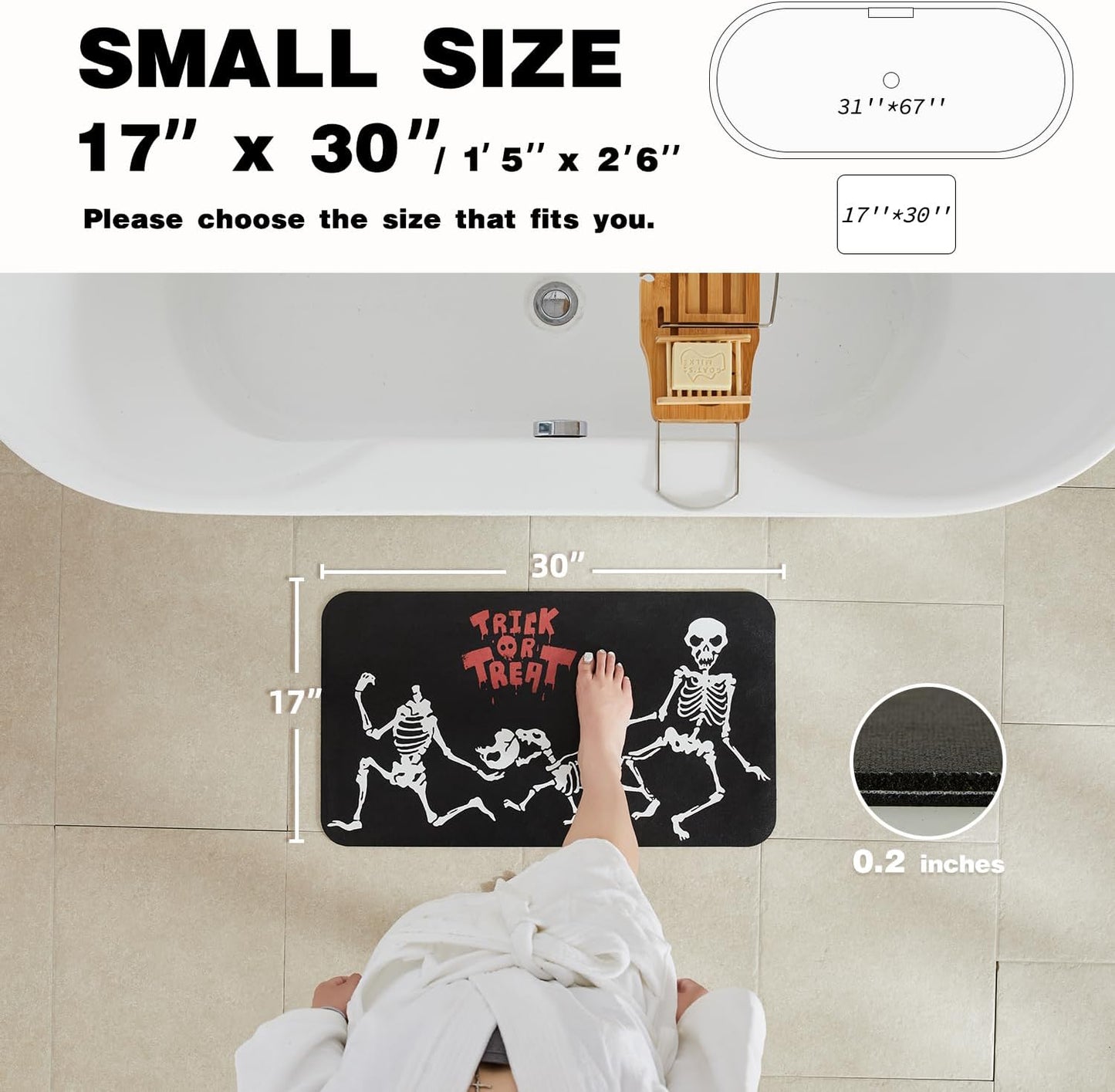 Halloween Bath Mat, Thin Halloween Bathroom Rug Non Slip Quick Dry Skeleton Bath Mat Fits Under Door Thin Floor Mat Halloween Decor, 17''x30'', Skull Treat or Trick Black