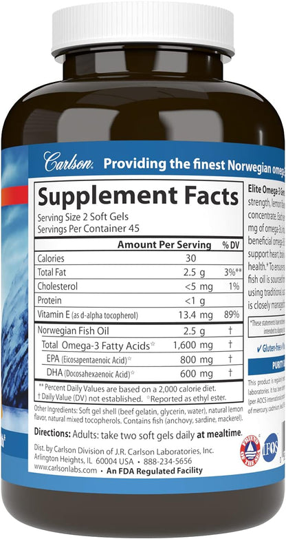 Carlson Labs Wild Caught Elite Omega-3, 1600mg, Omega 3s, Soft Gels, 90 Count