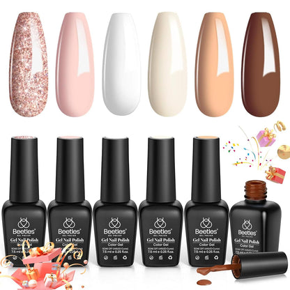 Beetles Fall Gel Nail Polish Set, 6 Colors Nude Brown Pink Milky White Glitter Gel Polish Set Soak Off Uv Led Lamp Manicure Gifts for Women