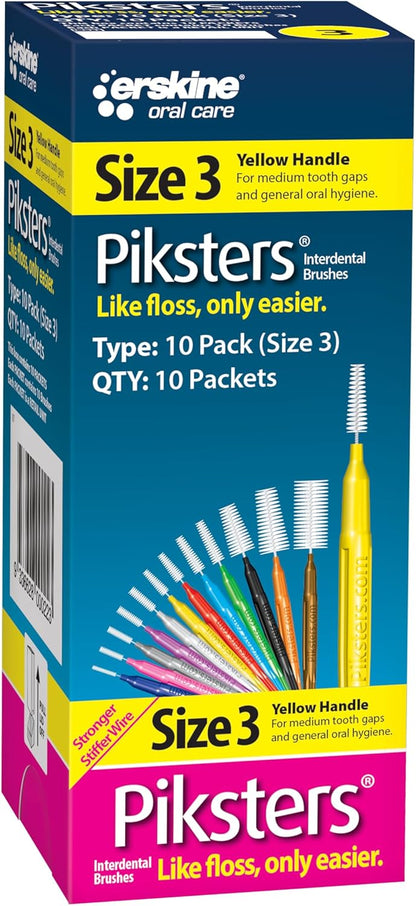 Piksters Interdental Brushes, Size 3, 100 Count (10 x 10 Packs), Interdental Tooth Brush for Medium Gaps, Gum Soft Bristles for Plaque Removal, Safe for Braces (100 pk)