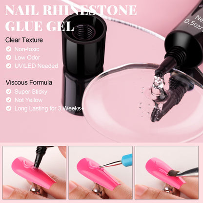 3D Nail Charms and Gems Set 6 with Rhinestone Glue, 75PCS Chunky Coquette Pink & White Bow Nail Charms + Kawaii Cute 3D Flowers for Nails + Clear & AB Glass Crystals + Flat Pearls for Y2K Nail Decor