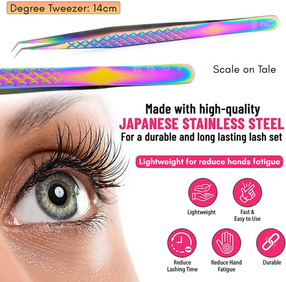 My Lash Tools Eyelash Extension Curved Degree Tweezers for Isolation Lash Extensions 14cm, Best for Individual Isolation & Classic Lashes Japanese Stainless Steel Eyelash Twisers (Rainbow)