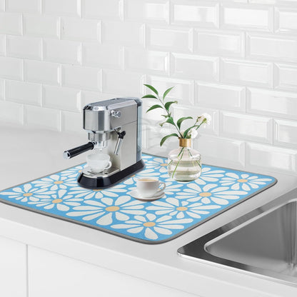 SHIYUE Dish Drying Mat for Kitchen Counter Super Absorbent Spring Kitchen Decor Microfiber Drying Matainers Rack Fast Pad Dish Drainer Mats(Sky Blue Flower,18''x24'')