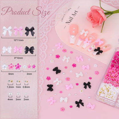 3D Nail Charms and Gems Set 9, 20PCS Chunky Butterfly Charms + 60PCS Coquette Nail Bows in 2 Styles + 3D Flowers for Nails with Rhinestones, Pearls, Diamonds, and Picker Tools for Y2K Nail Decor