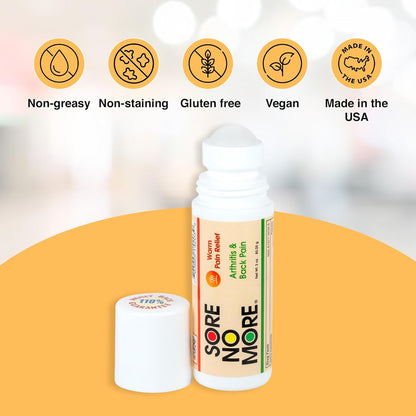 Sore No More Warm Arthritis Pain Relief Roll On – Targeted Reliever for Back, Neck, Hands & Feet – Soothing & Fast-Acting Formula for Aches and Pains – Non-Greasy with Orange Aroma – 3 oz