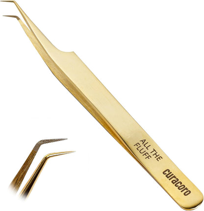 Curacoro Lash Tweezer - Professional & Precision Fiber Tip Grip Lash Tweezers for Eyelash Extensions, Multi Shapes & Purposes Tweezers for Volume, Isolation & Classic Lashes (Gold, All The Fluff)