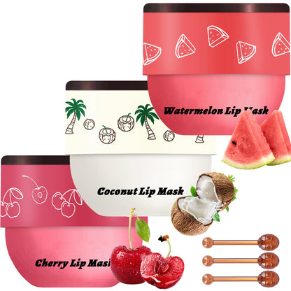 3 PCS Bee Lip Balm Lip Mask Honey Pot, Watermelon & Cherry & Coconut Lip Mask Propolis Moisturizing Lip, Hydrating Prevention Dry and Cracked Lip Scrubs Exfoliator (Watermelon & Cherry & Coconut)