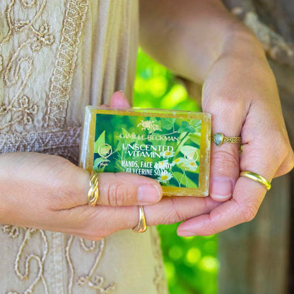 Camille Beckman Essentials Gift Basket, Vitamin E Unscented, Glycerine Hand Therapy 6 oz, Silky Body Cream 13 oz, Hand and Shower Cleansing Gel 13 oz, Glycerine Soap 3.5 oz