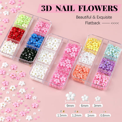 3D Flowers for Nails, Colorful Acrylic Flower Nail Charms with Caviar Beads, Rhinestones for Nails 3D Nail Charms for Acrylic Nails with Pickup & Dotting Tools for Manicure DIY Nail Art Decor