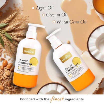 Herbishh Argan Hair Mask (150ml) + Argan Oil Shampoo & Conditioner (16.9 fl.oz Each) Hair Care Set – Deep Cleansing & Hydration, Ideal for Repairing Dry, Frizzy & Colored Hair – Sulfate & Paraben Free