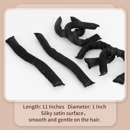Black Satin Covered Heatless Overnight Curling Rods for Curls and Straight Short Hair - 6Pcs