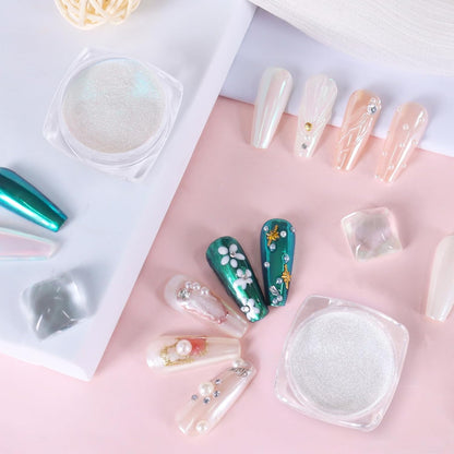 Allstarry White Pearl Chrome Nail Powder, 2 Colors Aurora Powder Metallic Mirror Effect Glitter Powder Pearlescent Ice Transparent Mermaid Pigment Dust for Gel Polish Nail Art- White Pearl Peacock