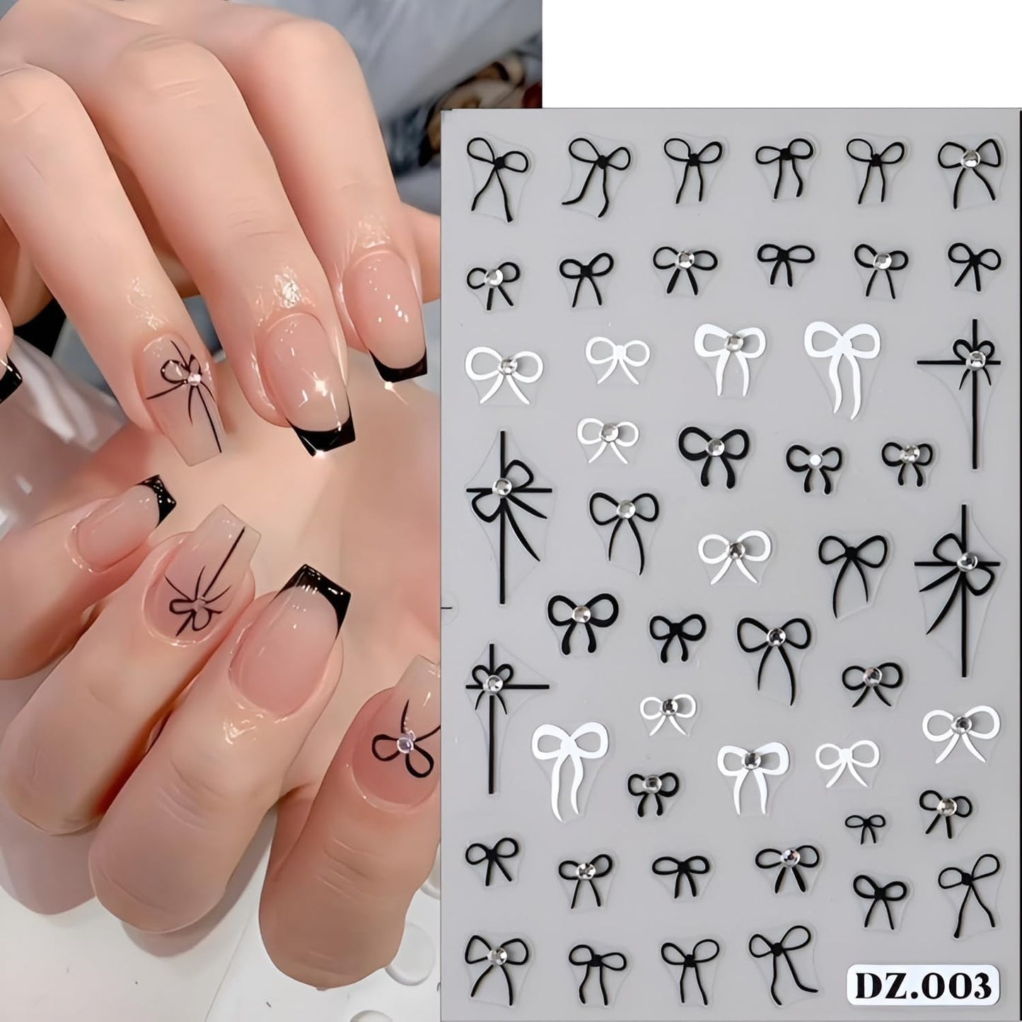 4 Sheets Bow Nail Stickers, 5D Embossed White Black Red, DIY Acrylic Nails, Bow Nail Supplies for Women