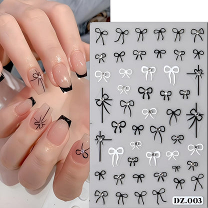 4 Sheets Bow Nail Stickers, 5D Embossed White Black Red, DIY Acrylic Nails, Bow Nail Supplies for Women
