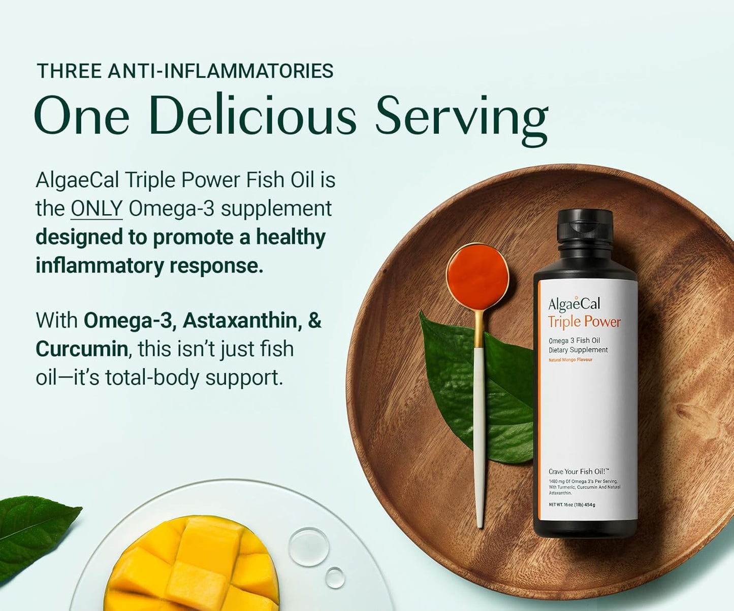 ALGAECAL Triple Power 1200mg EPA & DHA Omega 3 Fish Oil Supplement, Supporting Brain, Heart, Skin & Bones, Liquid Emulsion Mango Taste, Burp-Less, Sugar-Free, Made in USA