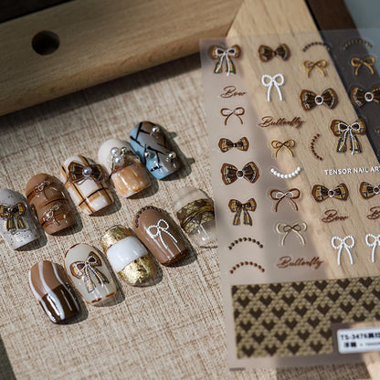 Bow Nail Stickers 5D Embossed Nail Art Decals Self-Adhesive Brown White Bows Nail Art Stickers for Women Girls Kids Nail Supplies Accessories