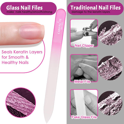 CANVALITE Glass Nail Files for Natural Nails Glass Fingernail File with Case Double Sided 180/320 Grit Stocking Stuffers for Women Girls, Pink